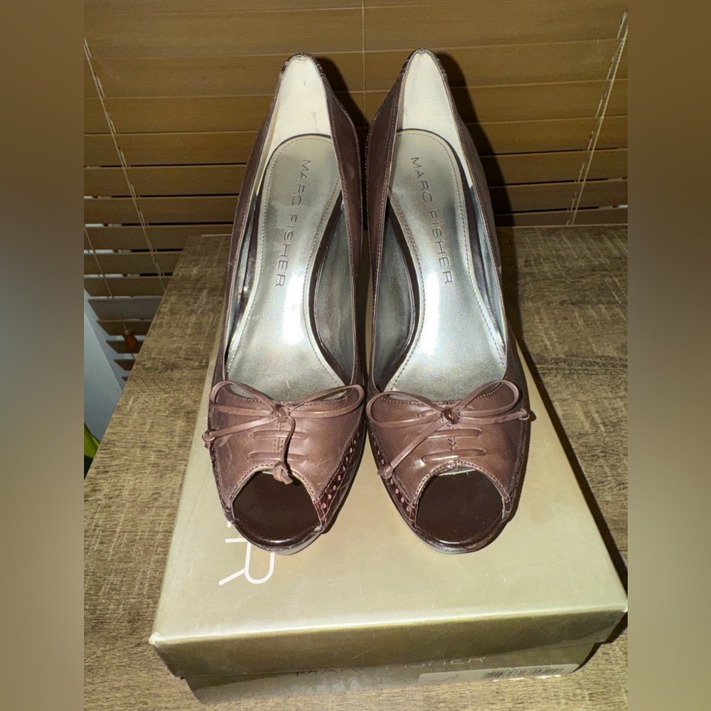 Marc Fisher Brown Peep Toe Heels with Bow Detail